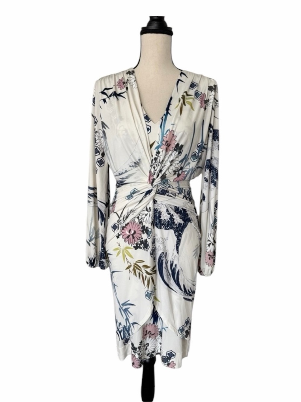 Hale Bob Wrap-Style Midi Dress in Cream with Navy & Pink Print